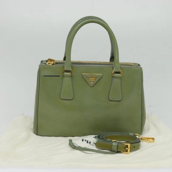 PRADA Galleria Hand Bag Safiano leather 2way Green Gold Auth - Picture 14 of 16